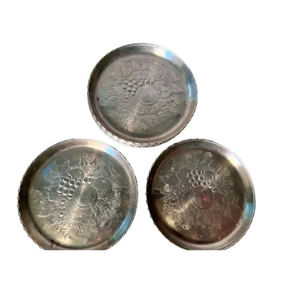 8 Vintage Metal Aluminum Forged Coasters Fruit Flower Pattern Scallop Edge Retro